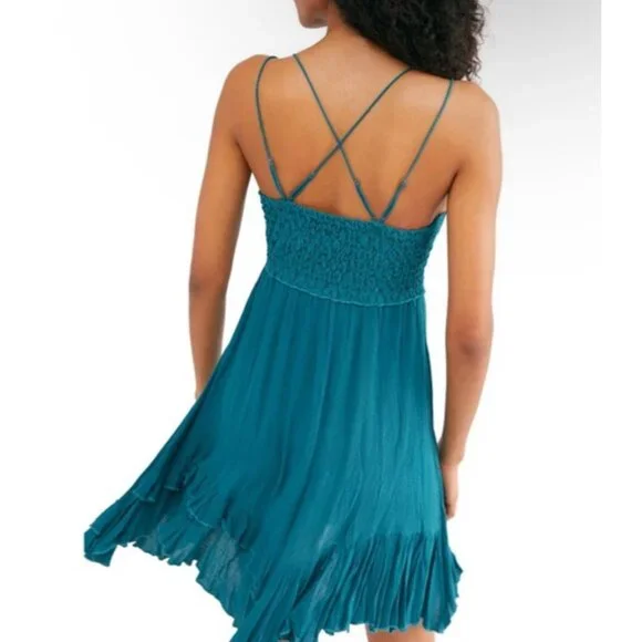 Free People Teal Lace Crochet Trim Ruffled Hem Flowy Casual Boho Slip Dress - Picture 10 of 16